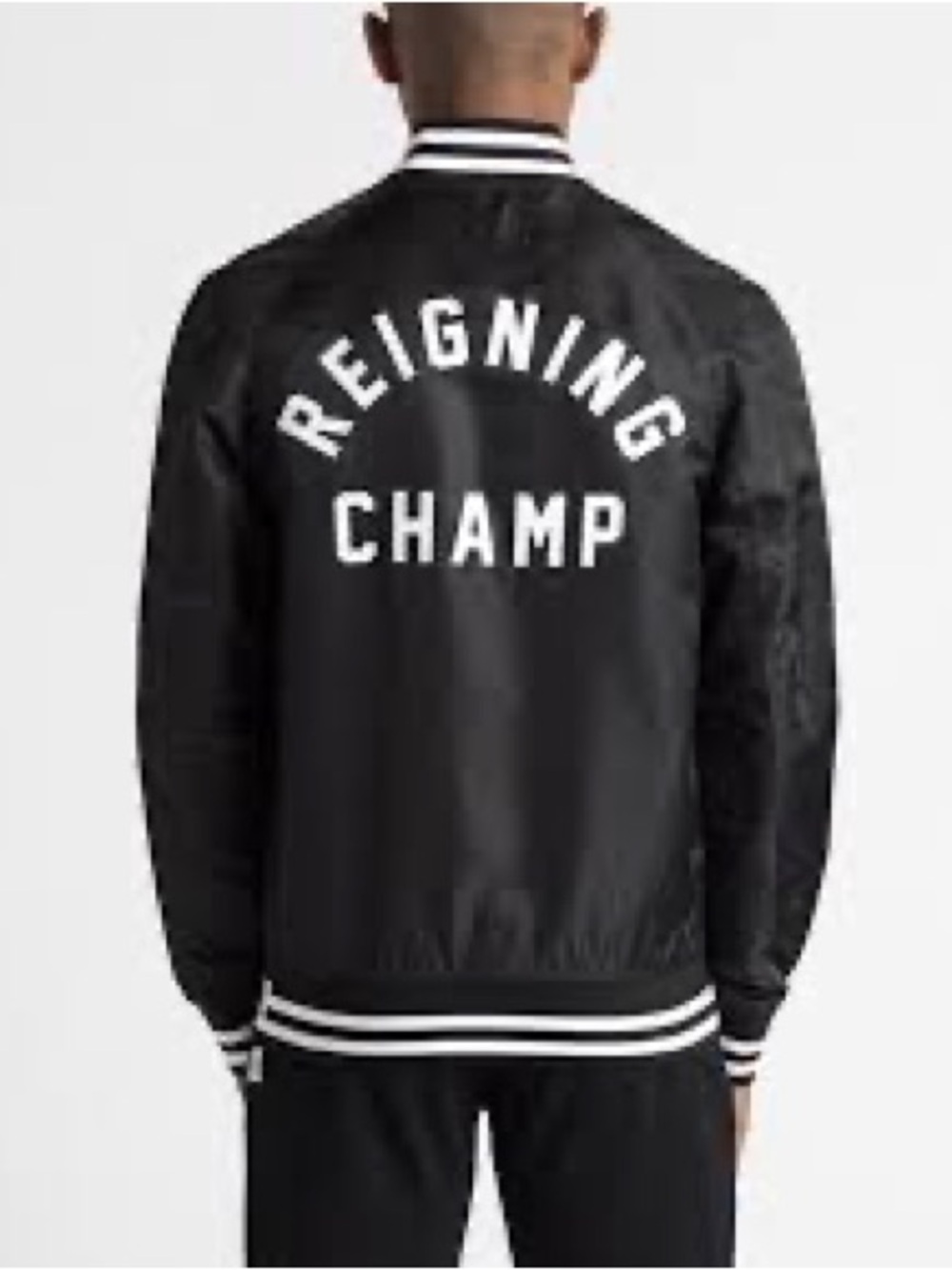 Reigning Champ Black Bomber Jacket with White Lettering